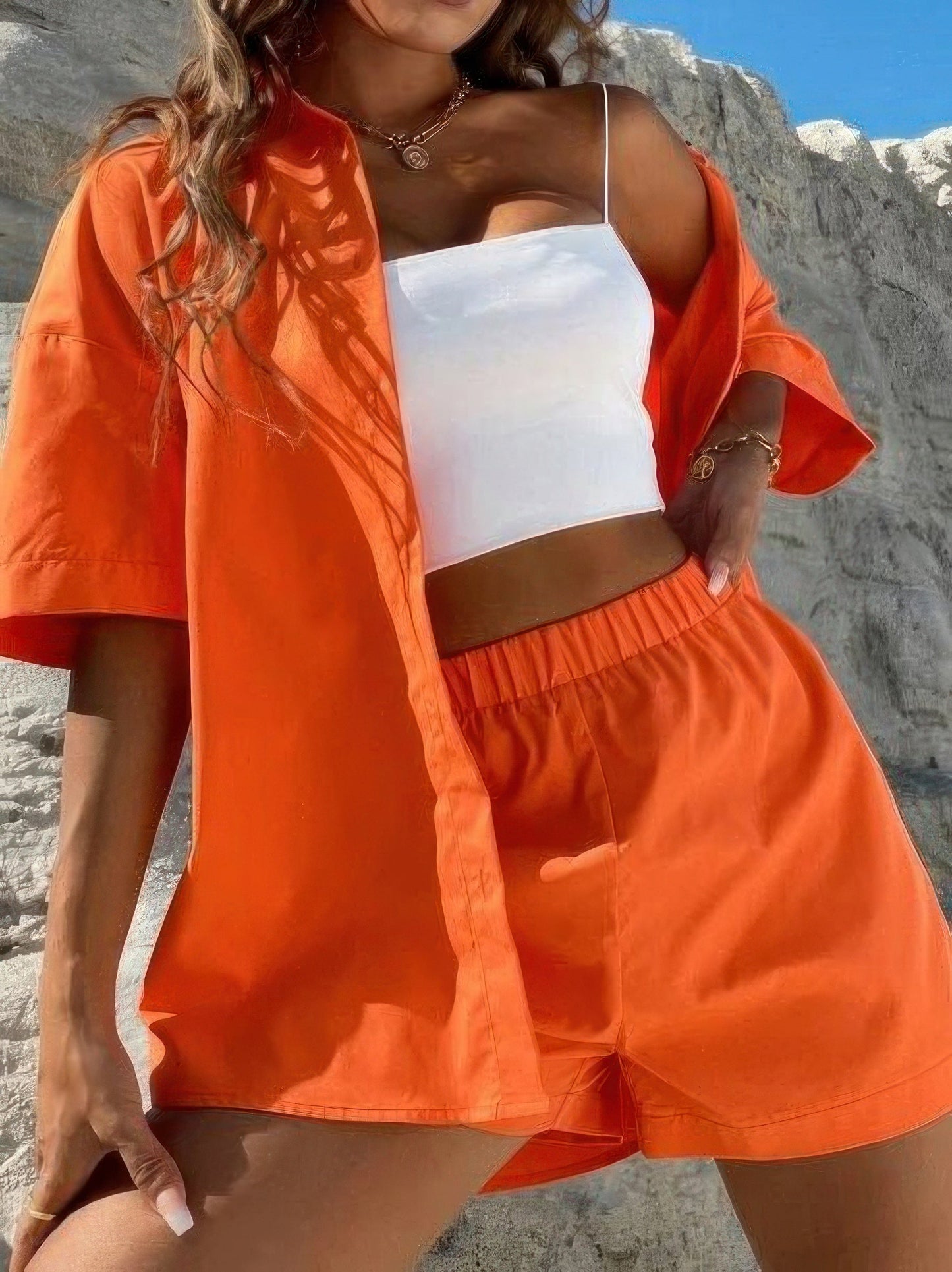 Sets - Solid Dropped Shoulder Shirt & Shorts Two-Piece Set - MsDressly