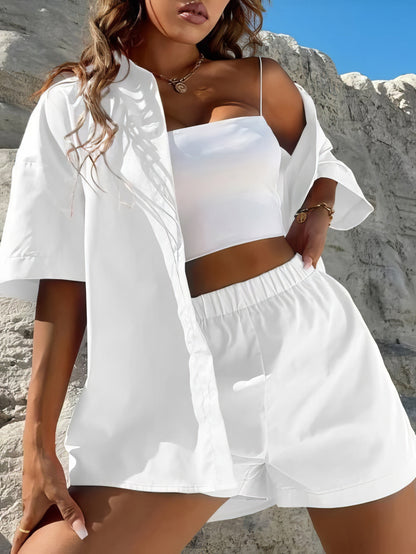 Sets - Solid Dropped Shoulder Shirt & Shorts Two-Piece Set - MsDressly