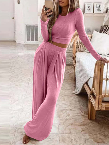 Sets - Solid Long Sleeve Crop Top & Trousers Two-Piece Suit - MsDressly