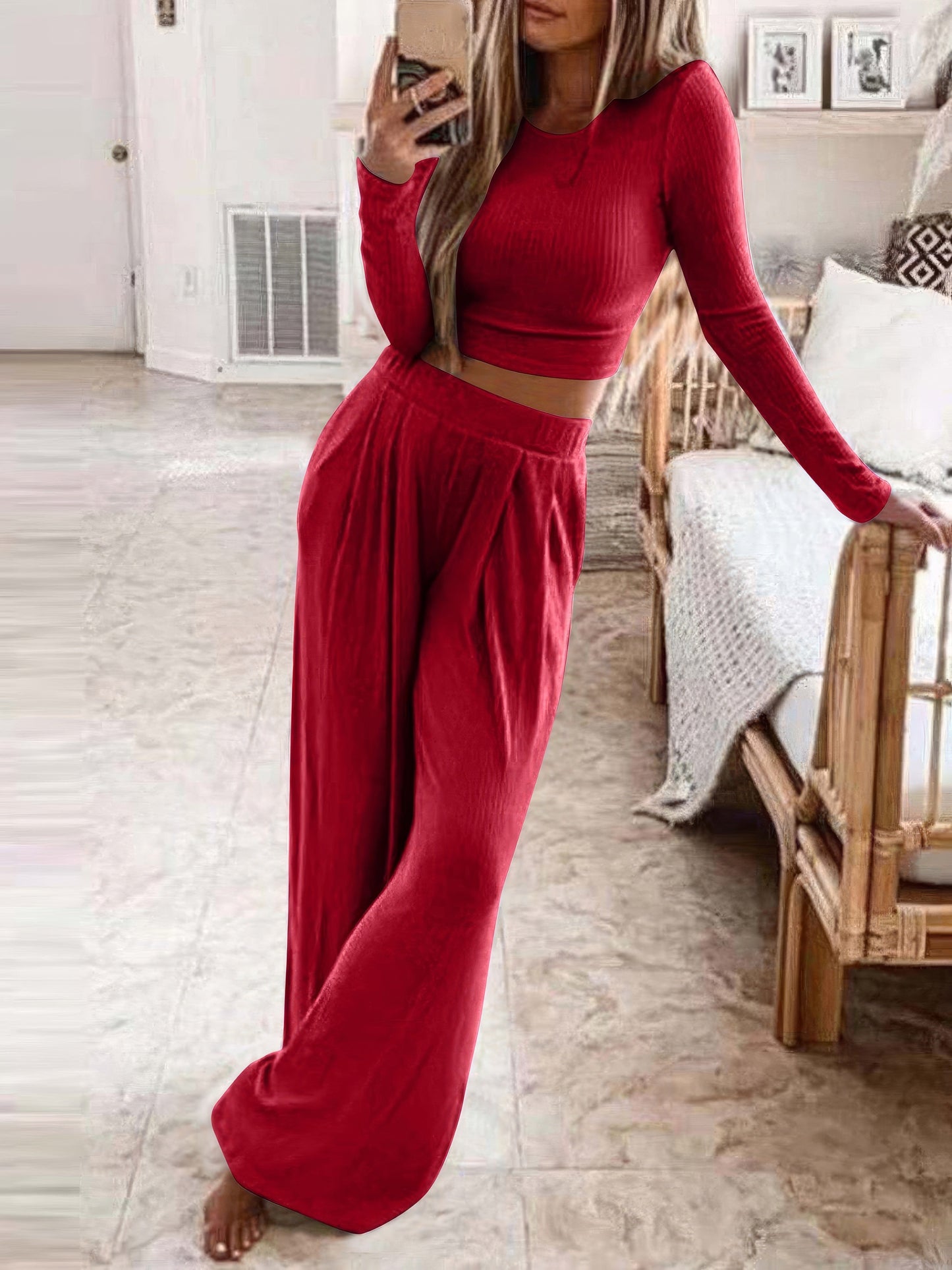 Solid Long Sleeve Crop Top & Trousers Two-Piece Suit