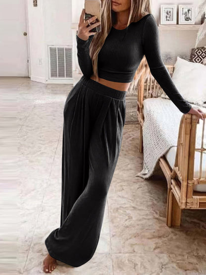 Sets - Solid Long Sleeve Crop Top & Trousers Two-Piece Suit - MsDressly