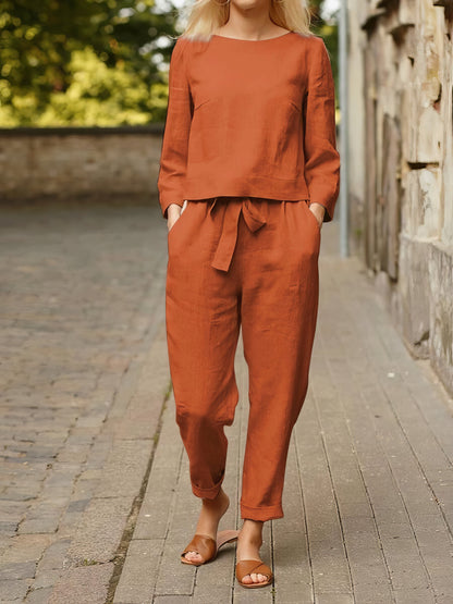 Solid Long Sleeve Top & Belted Pocket Trousers Two-Piece Suit