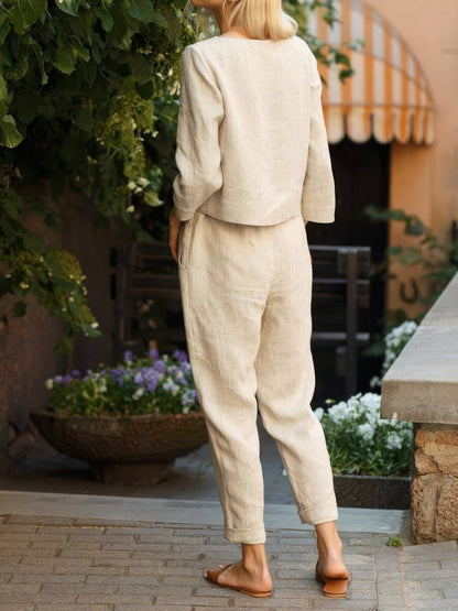 Solid Long Sleeve Top & Belted Pocket Trousers Two-Piece Suit