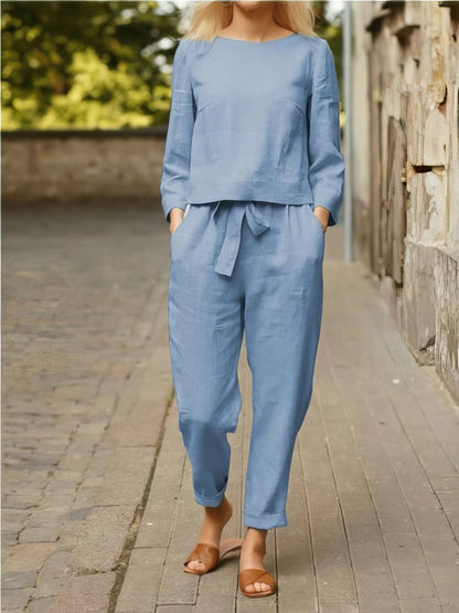 Sets - Solid Long Sleeve Top & Belted Pocket Trousers Two-Piece Suit - MsDressly