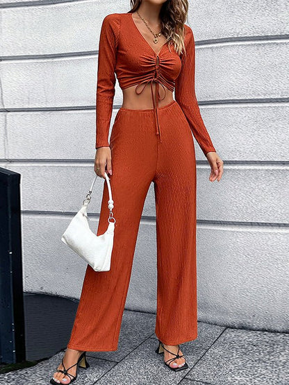 Solid V-neck Bowknot Sexy Two-piece Suit