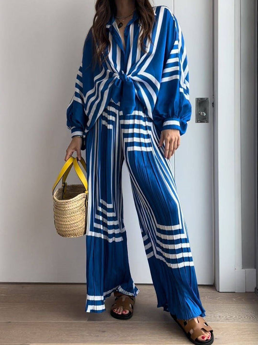 Striped Print Long Sleeve Shirt & Wide Leg Pants Two-Piece Set