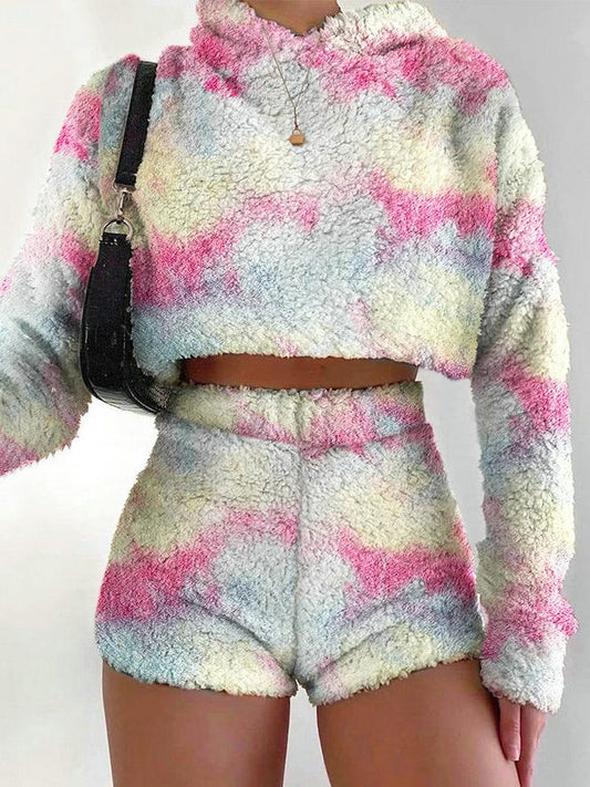 Sets Tie-Dye Hoodie & Shorts Plush Two-Piece Suit for Women