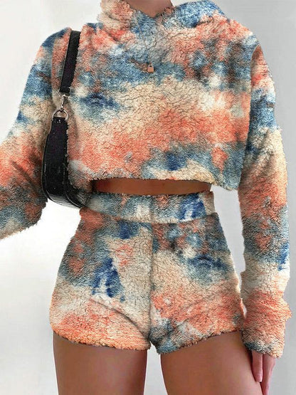 Women's Sets Tie-Dye Hoodie & Shorts Plush Two-Piece Suit - LuckyFash™