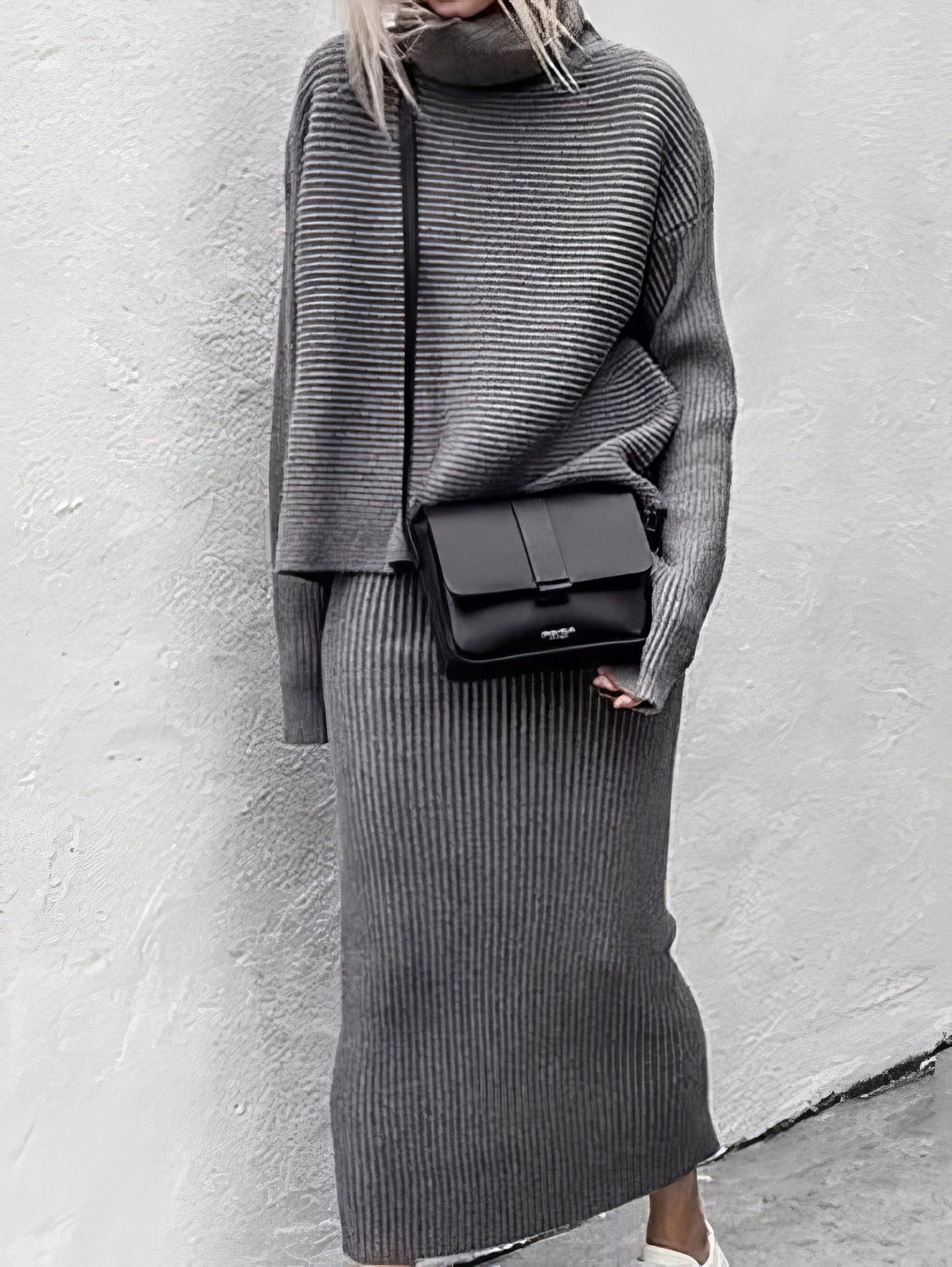 Sets - Turtleneck Long Sleeve Sweater & Knitted Skirt Two-Piece Suit - MsDressly