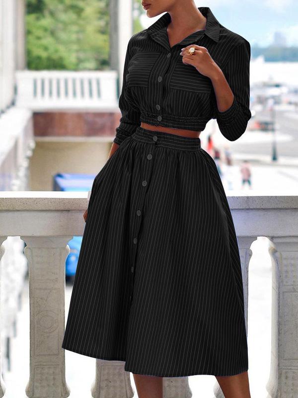 Sets Two-Piece Long Sleeve Striped Crop Shirt & Skirt for Women