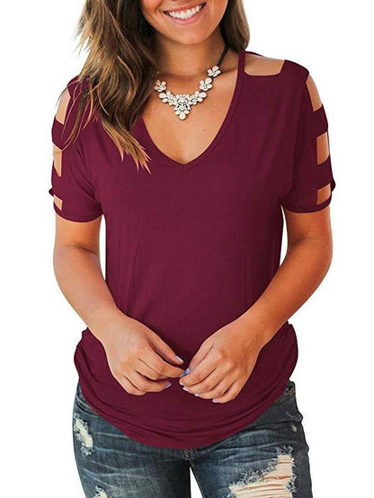 Women's Short Sleeve Cut Out Cold Shoulder Tops Deep V Neck T Shirts - LuckyFash™