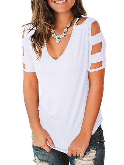 Short Sleeve Cut Out Cold Shoulder Tops Deep V Neck T Shirts for Women