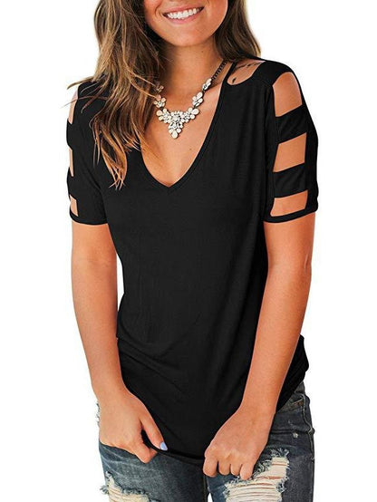 Women's Short Sleeve Cut Out Cold Shoulder Tops Deep V Neck T Shirts - LuckyFash™