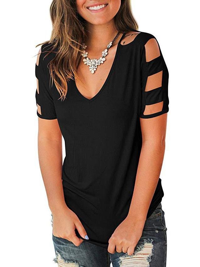 Short Sleeve Cut Out Cold Shoulder Tops Deep V Neck T Shirts for Women