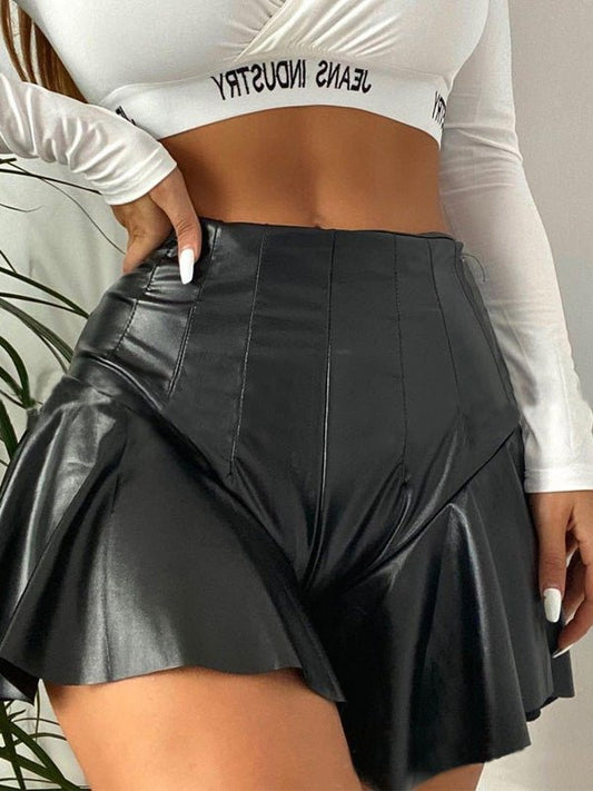 Shorts PU Leather A-Line Pleated Ruffle Shorts for Women