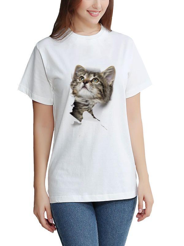 Women's Stylish 3D Cat Print Crewneck T-Shirt - LuckyFash™