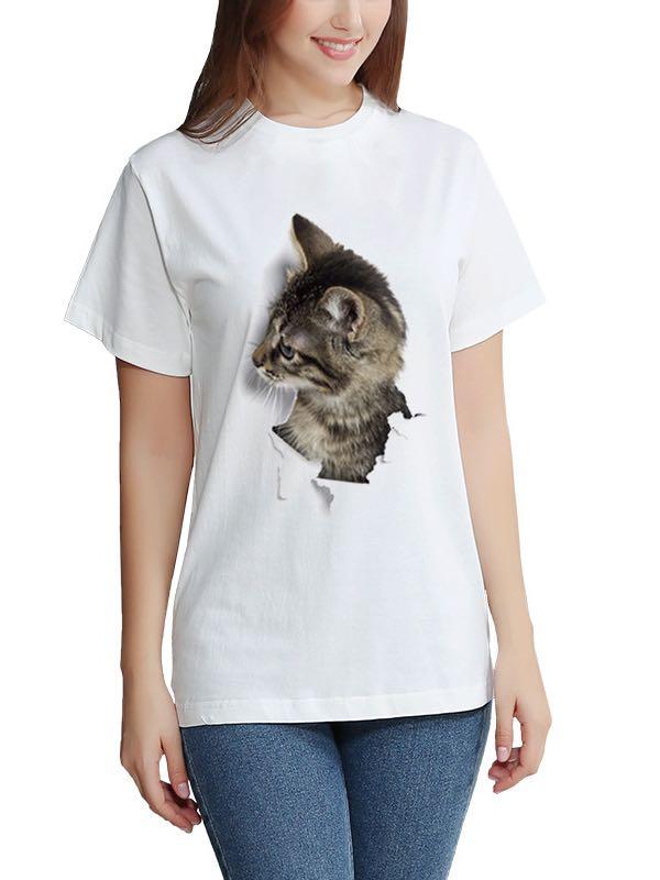 Stylish 3D Cat Print Crewneck T-Shirt for Women