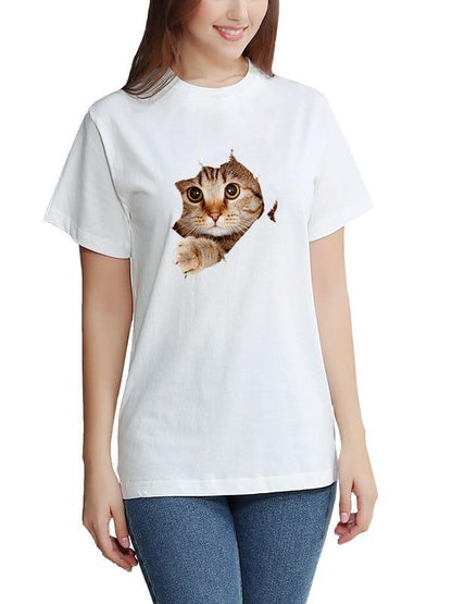 Stylish 3D Cat Print Crewneck T-Shirt for Women