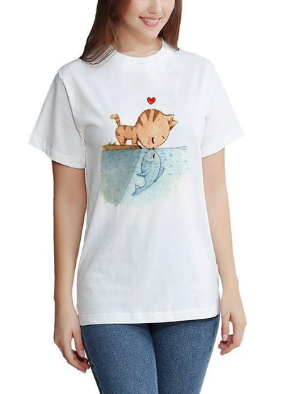 Stylish 3D Cat Print Crewneck T-Shirt for Women