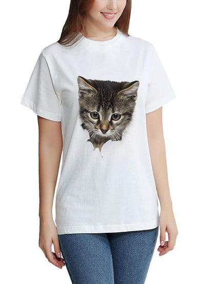 Stylish 3D Cat Print Crewneck T-Shirt for Women