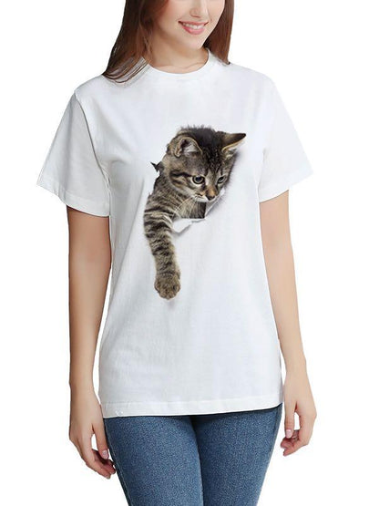 Stylish 3D Cat Print Crewneck T-Shirt for Women