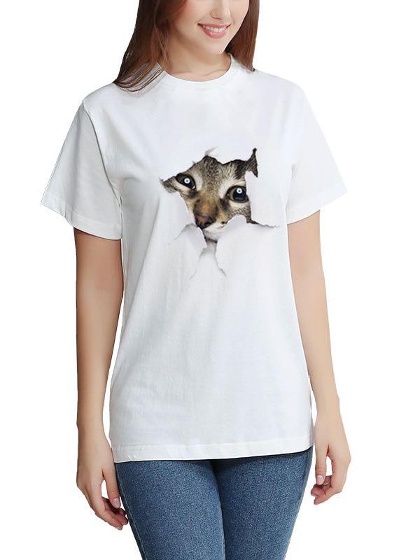 Stylish 3D Cat Print Crewneck T-Shirt for Women