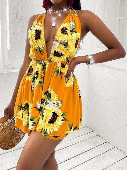 Women's Sunflower V-neck Open Back Casual Dress - LuckyFash™