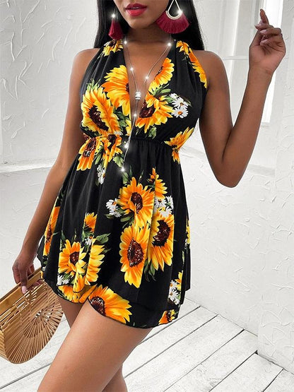 Women's Sunflower V-neck Open Back Casual Dress - LuckyFash™