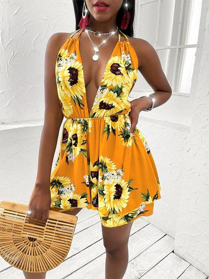 Women's Sunflower V-neck Open Back Casual Dress - LuckyFash™