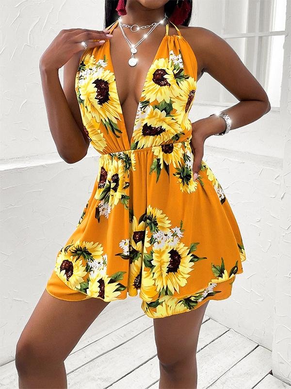 Women's Sunflower V-neck Open Back Casual Dress - LuckyFash™