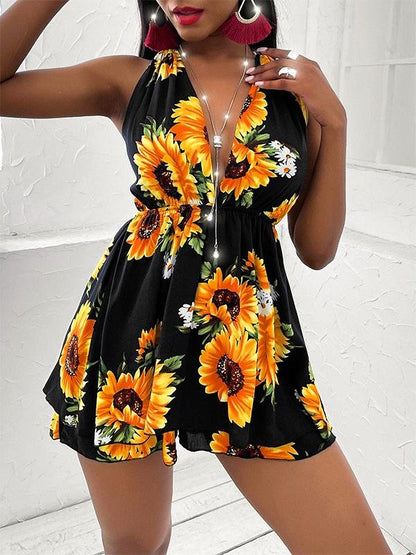 Women's Sunflower V-neck Open Back Casual Dress - LuckyFash™