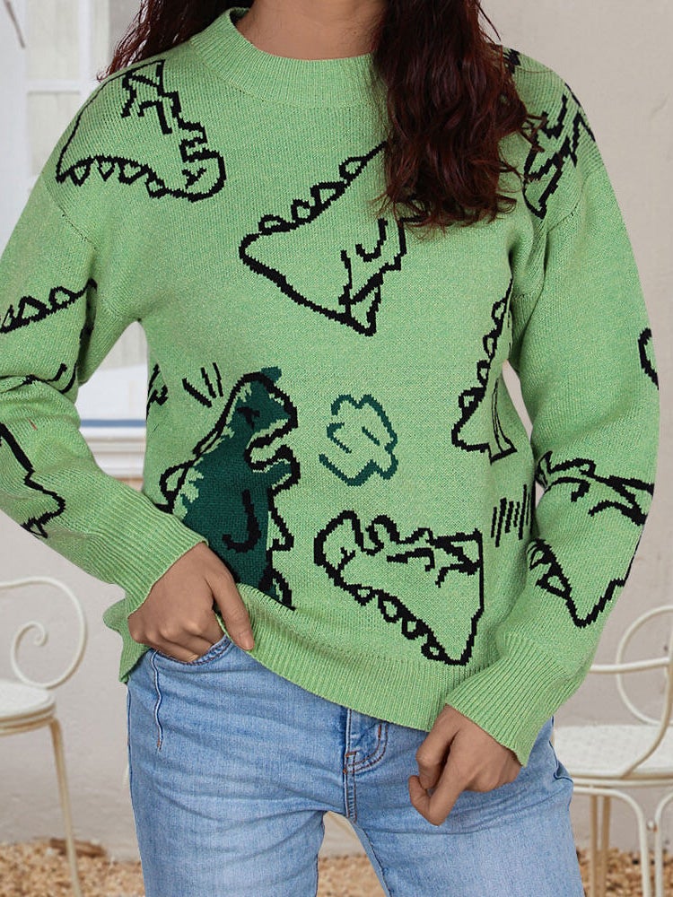 Women's Sweaters Cartoon Dinosaur Round Neck Long Sleeve Sweater - LuckyFash™