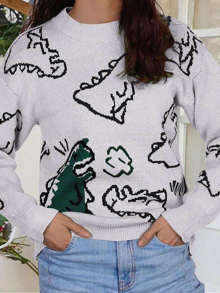 Women's Sweaters Cartoon Dinosaur Round Neck Long Sleeve Sweater - LuckyFash™