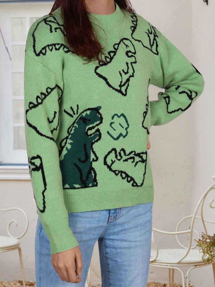 Women's Sweaters Cartoon Dinosaur Round Neck Long Sleeve Sweater - LuckyFash™