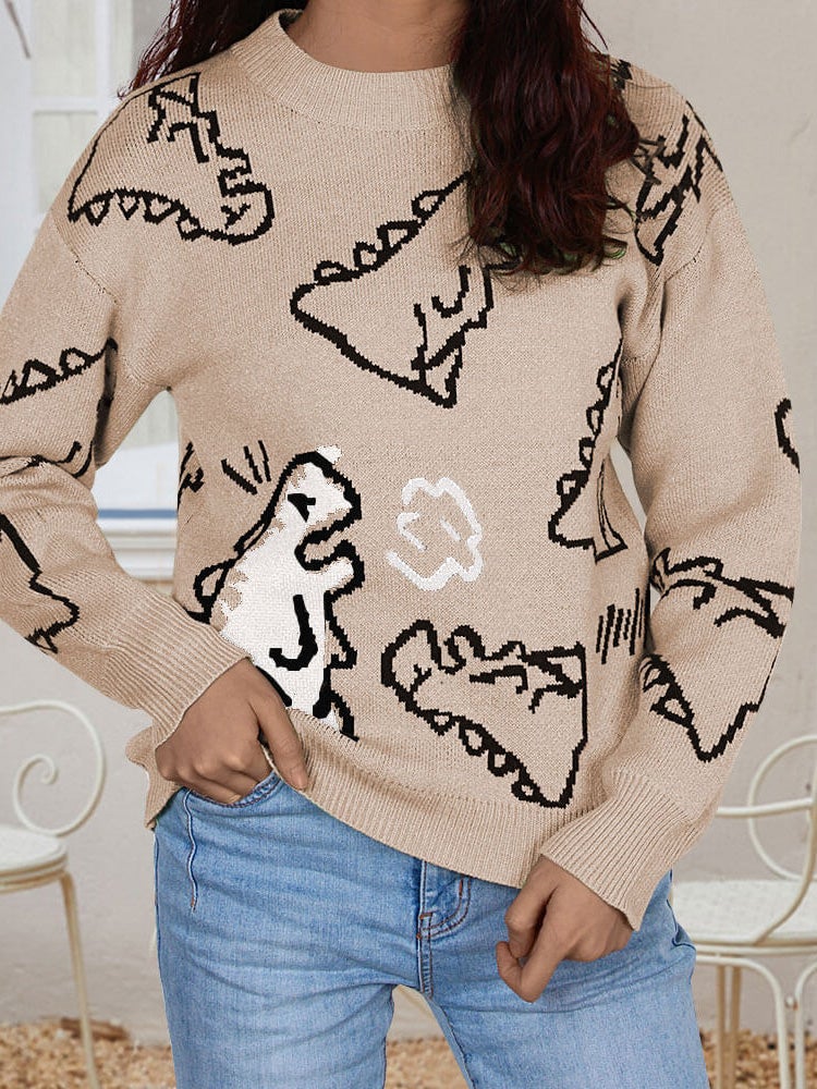 Women's Sweaters Cartoon Dinosaur Round Neck Long Sleeve Sweater - LuckyFash™