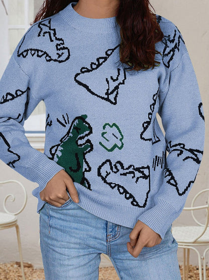 Sweaters Cartoon Dinosaur Round Neck Long Sleeve Sweater for Women