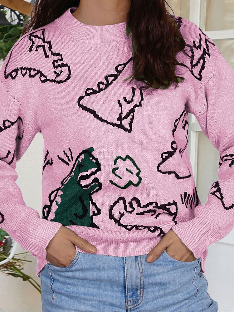 Sweaters Cartoon Dinosaur Round Neck Long Sleeve Sweater for Women