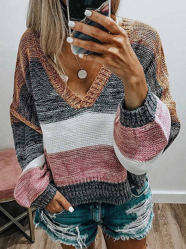 Women's Sweaters Casual V-Neck Striped Stitching Long Sleeve Sweater - LuckyFash™