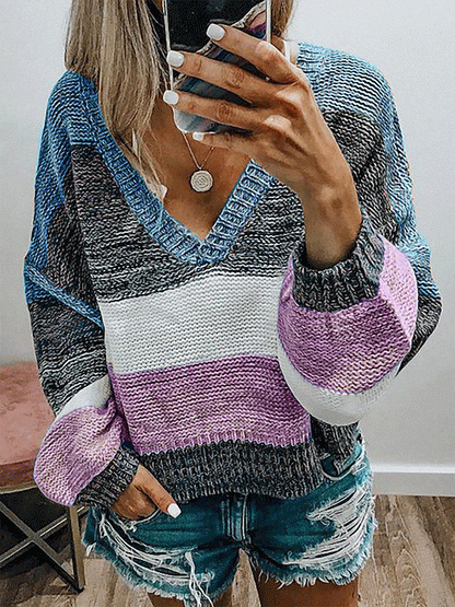 Sweaters Casual V-Neck Striped Stitching Long Sleeve Sweater for Women