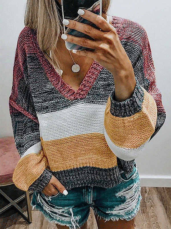 Sweaters Casual V-Neck Striped Stitching Long Sleeve Sweater for Women