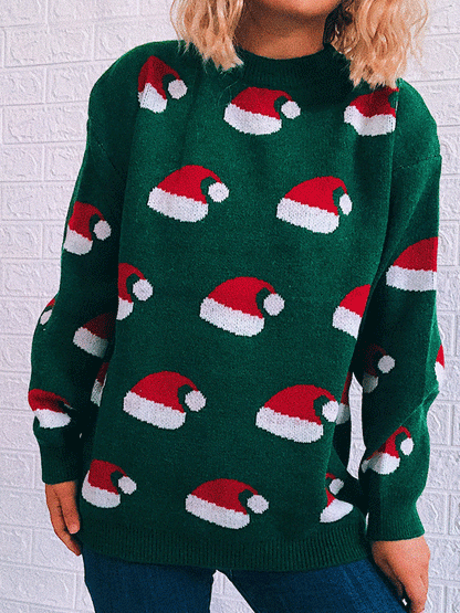 Sweaters Christmas Hat Round Neck Long Sleeve Sweater for Women