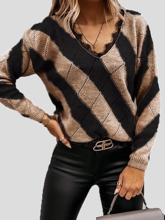 Women's Sweaters Colorblock Lace V-Neck Long Sleeve Sweater - LuckyFash™