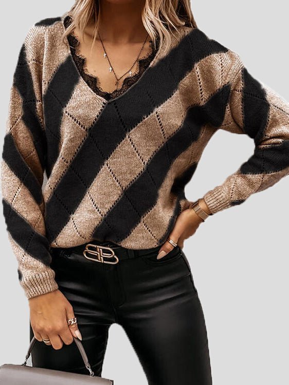 Sweaters Colorblock Lace V-Neck Long Sleeve Sweater for Women