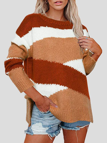 Women's Sweaters Colorblock Striped Irregular Long Sleeve Sweater - LuckyFash™