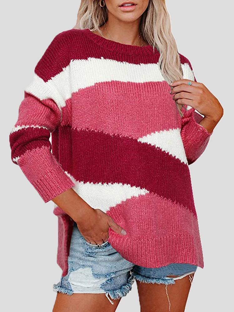 Women's Sweaters Colorblock Striped Irregular Long Sleeve Sweater - LuckyFash™