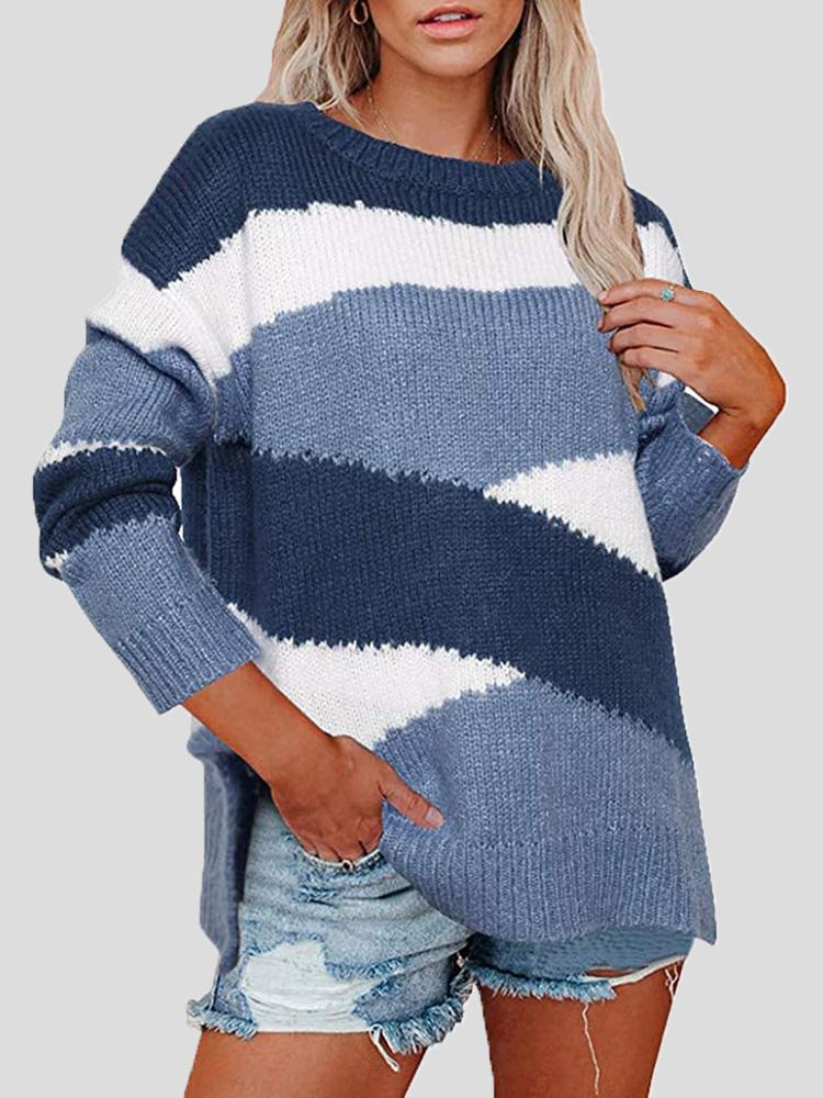 Sweaters Colorblock Striped Irregular Long Sleeve Sweater for Women