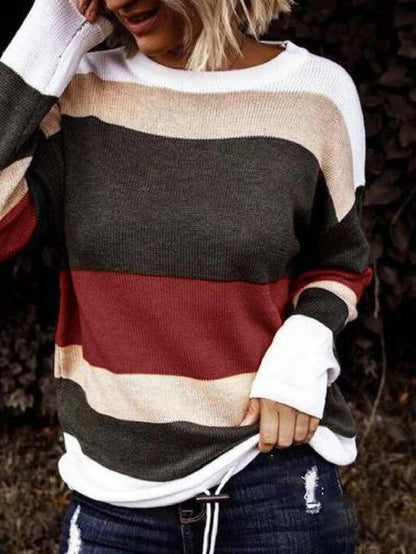 Sweaters Colored Striped Loose Round Neck Sweater for Women