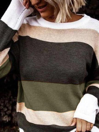 Women's Sweaters Colored Striped Loose Round Neck Sweater - LuckyFash™