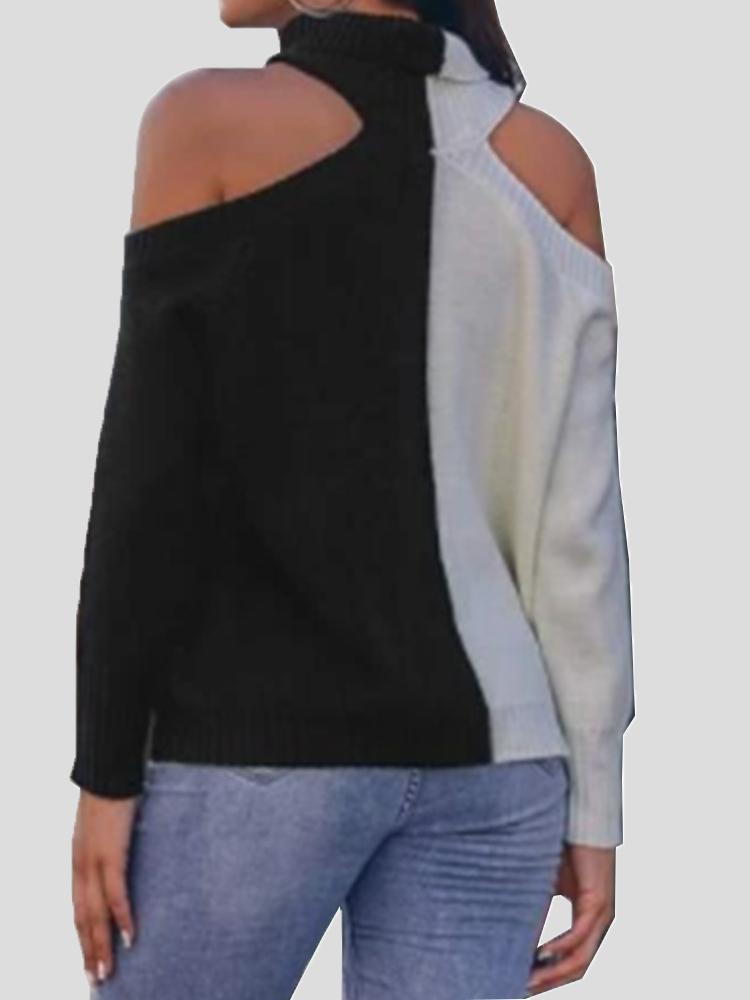 Women's Sweaters Contrasting Off-The-Shoulder High Collar Sweater - LuckyFash™