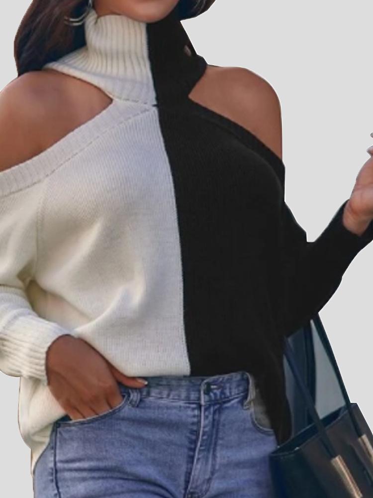 Sweaters Contrasting Off-The-Shoulder High Collar Sweater for Women